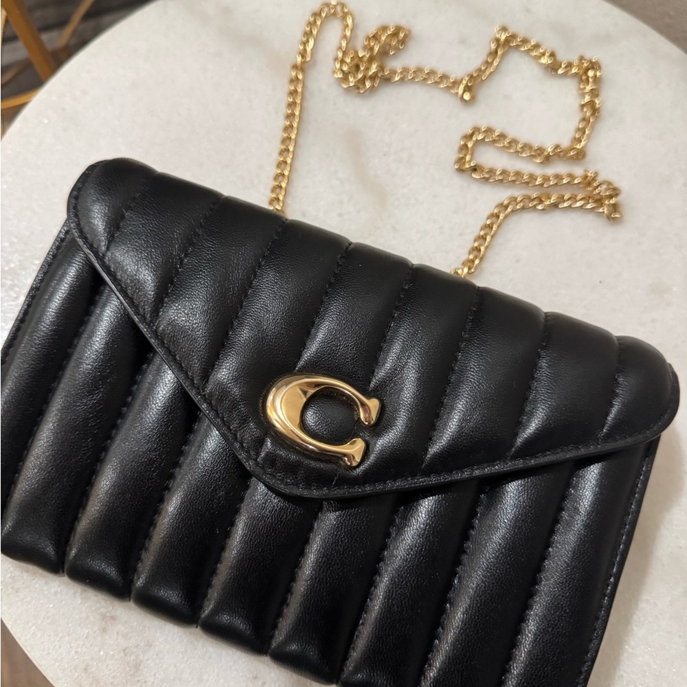 Coach Black Quilted Clutch with Gold Chain